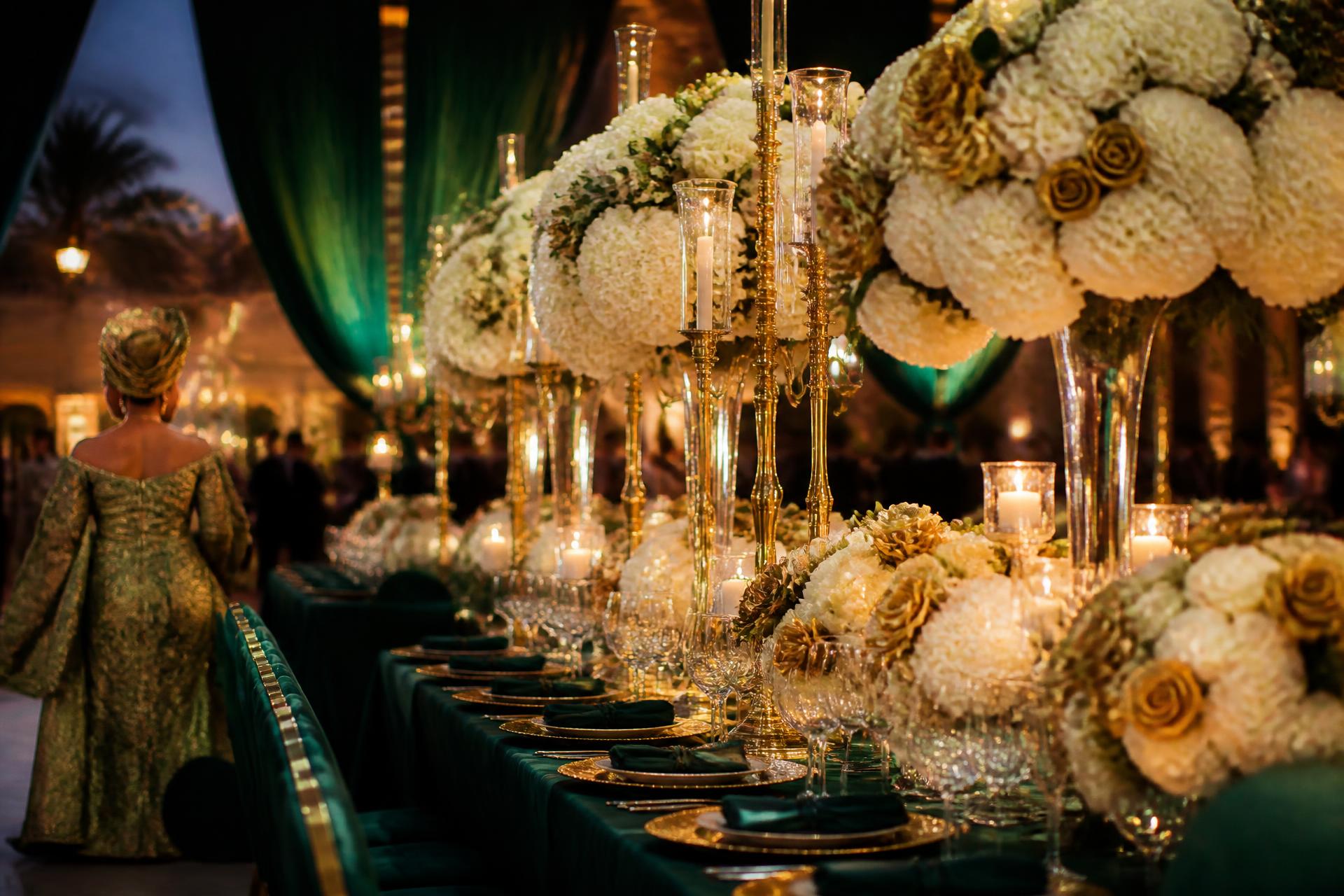 Luxury wedding reception styled by The Velvet Heritage with emerald and gold details